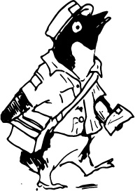 a cartoon drawing of an Adelie penguin wearing a postal carrier uniform. It is holding a letter in its wing.