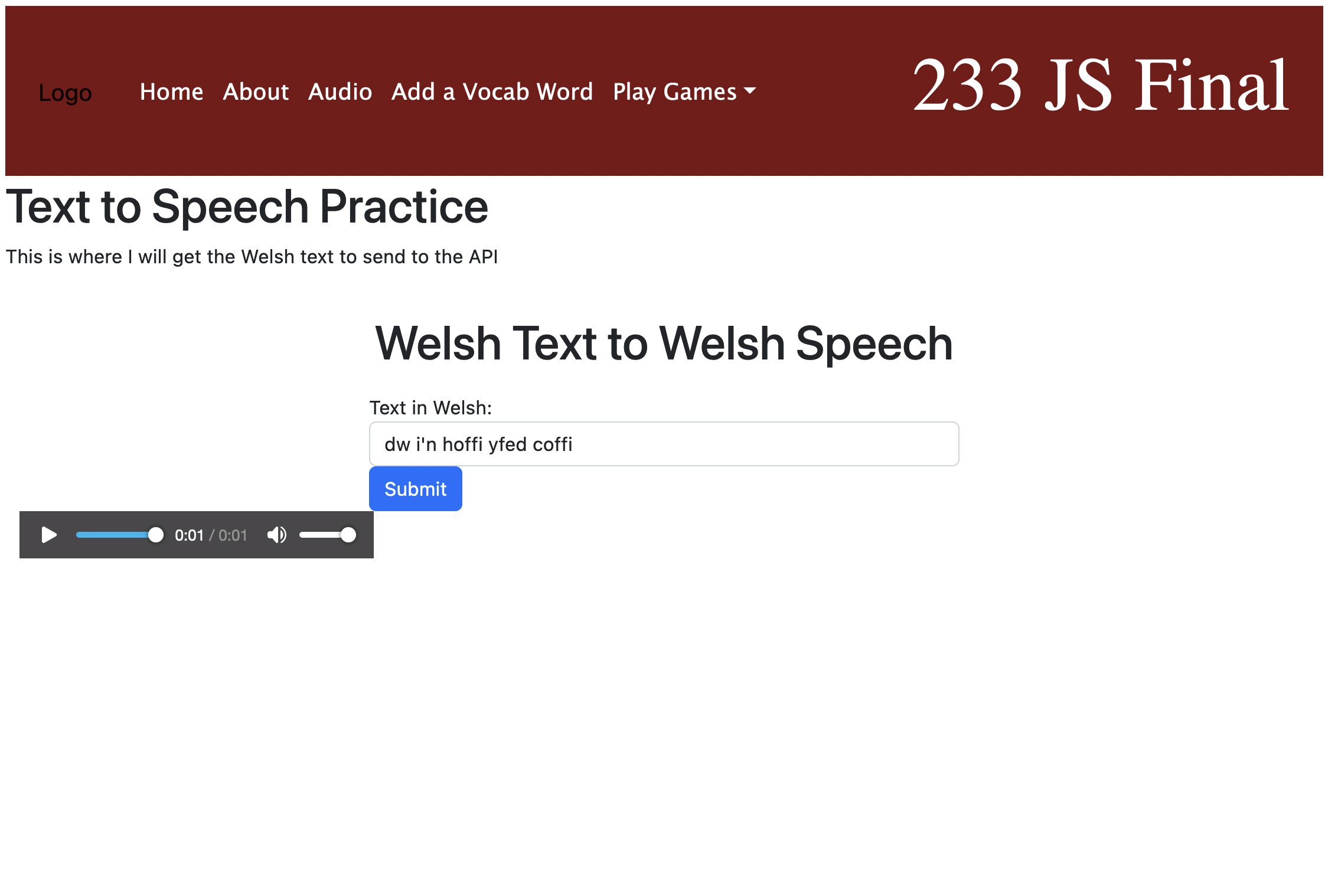 screenshot of a website with an audio player and form