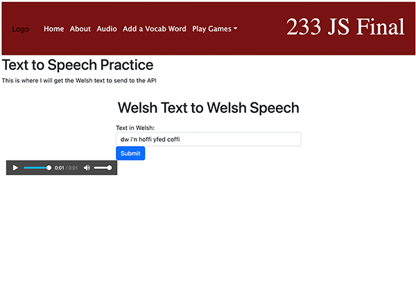 screenshot of a website with an audio player and form
