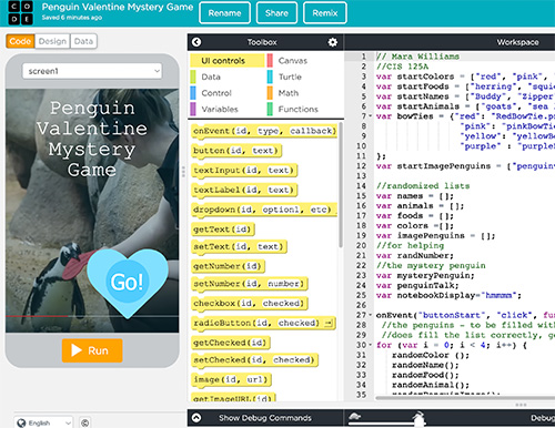 screenshot of code.org developer view. There is a preview of a mobile game on the left and code blocks on the right.