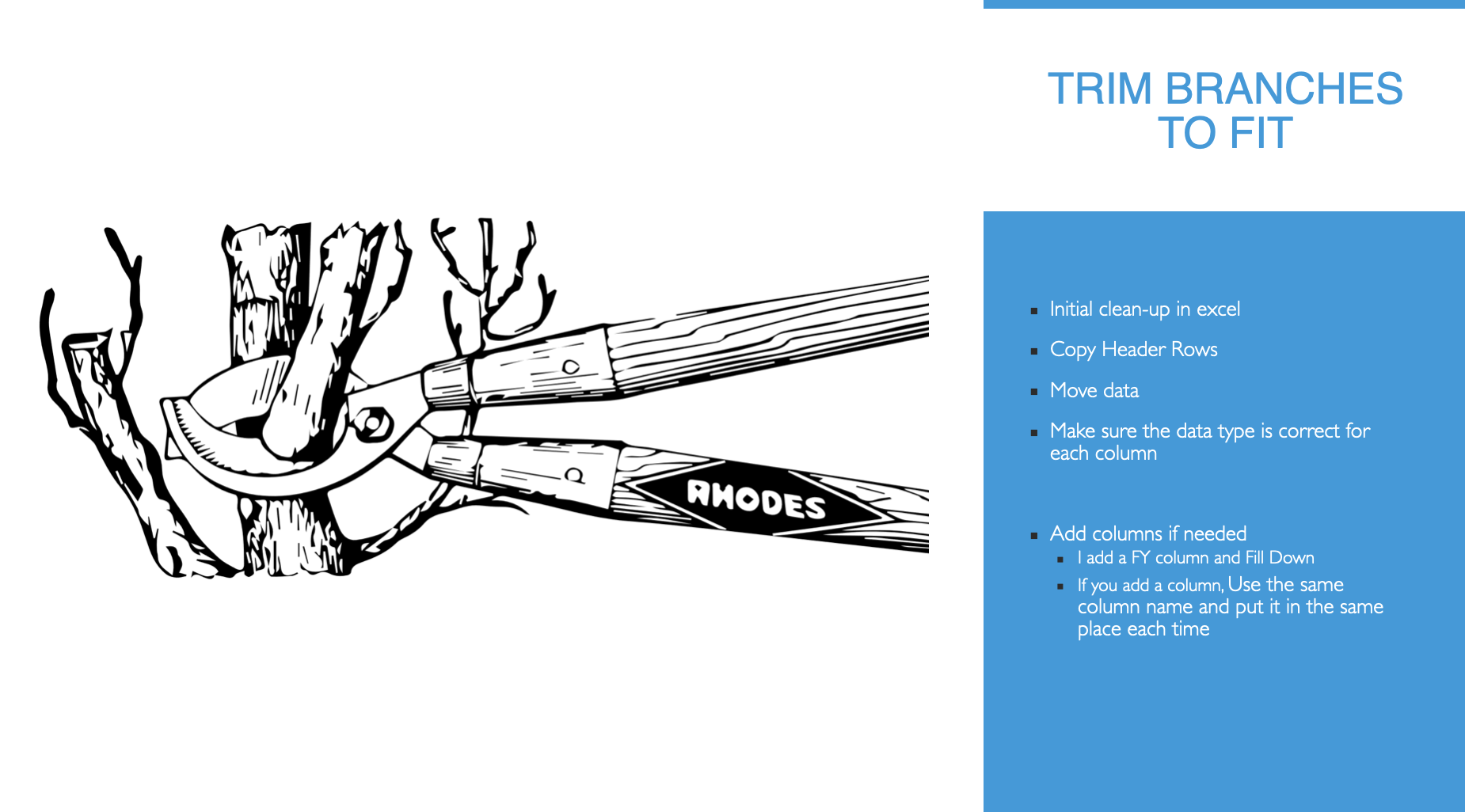 a powerpoint slide in blue and white. A vintage woodcut of tree clippers is on the left side. The title on the right says 'Trim Branches to fit'